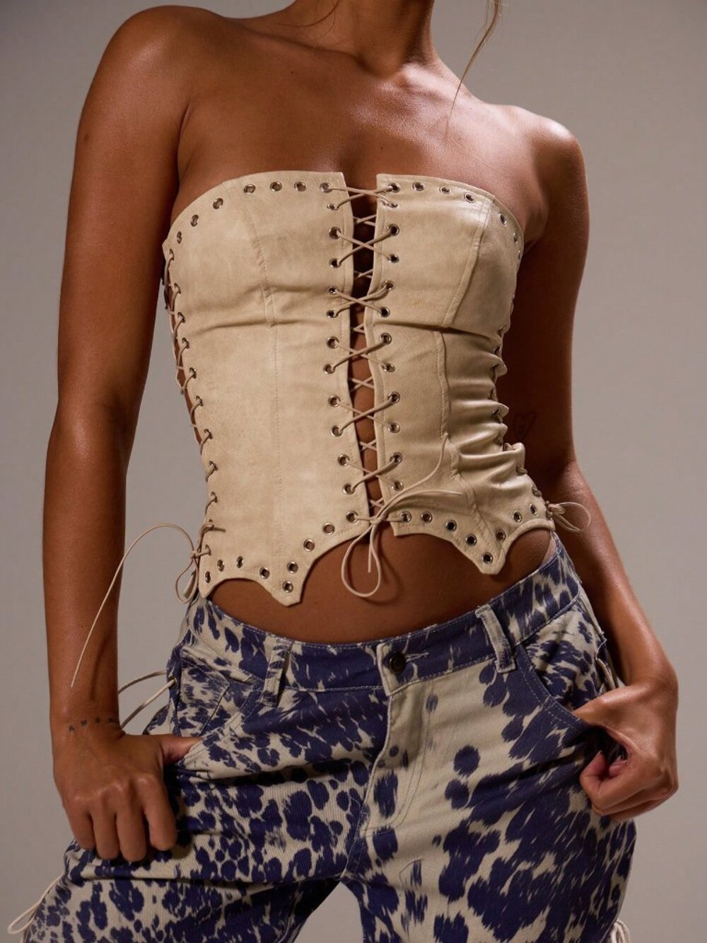 MUSERA Faux Leather Lace-Up Corset Top NWT Size L